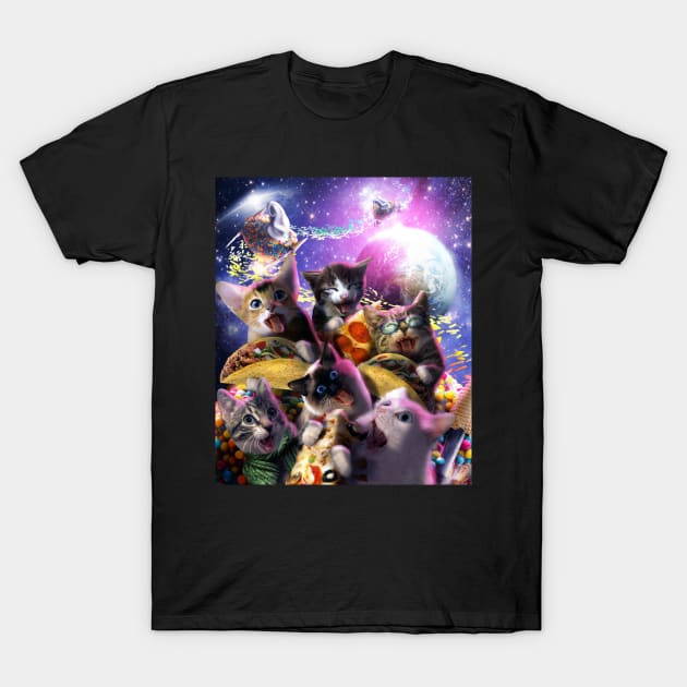 Space Cats Eating Pizza Taco Donut, Cat Kitty Galaxy Selfie T-Shirt by Random Galaxy